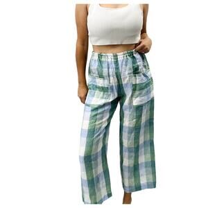 Mena Cinque Positano Blue linen plaid paperbag pull on pants